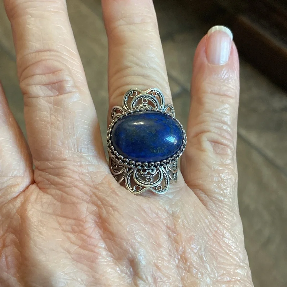 Genuine Lapis Lazuli Sterling Filigree Ring - Picture 9 of 11